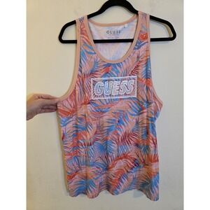 Guess Logo Men's Sz XL Cotton Pink Multicolor Leaf Print Spellout Sleeveless Top